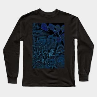 ORIENTAL MIDNIGHT BLUE GARDEN , PAGODA CHINA DECO DESIGN ASIAN FLORAL BIRD ART PRINT Long Sleeve T-Shirt